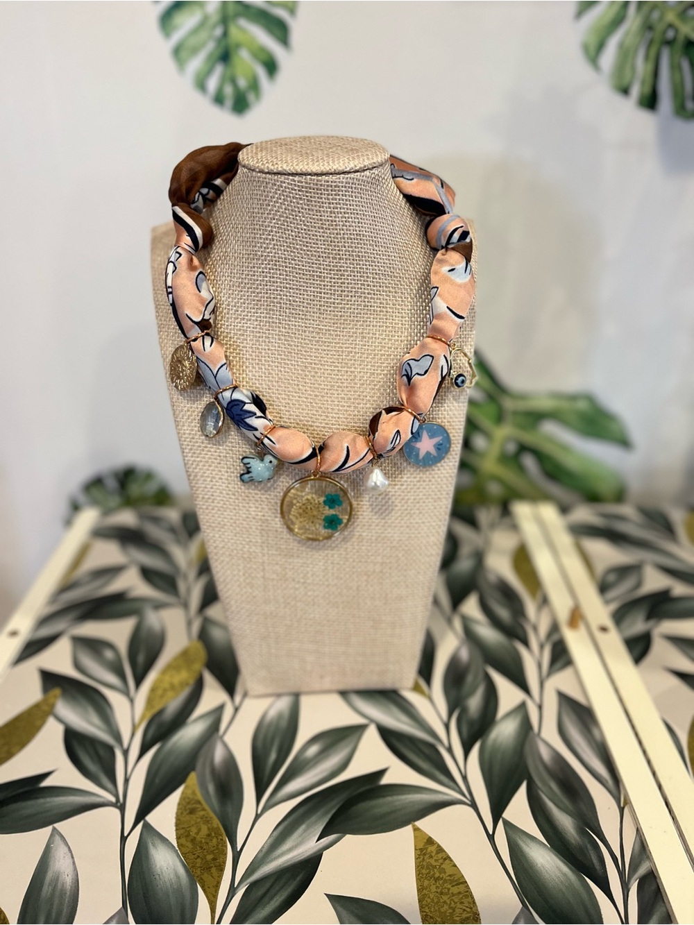 Silk Ribbon Charm Necklace in Peach and Blue